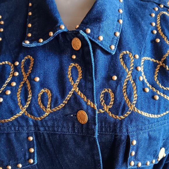 Vintage Women's Denim jacket 4P gold rope epaulets navy studs 90's Carole Little - Picture 1 of 8